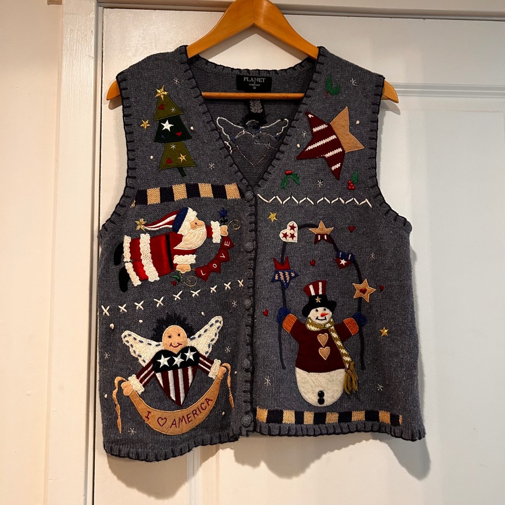 Vintage Christmas‎ Americana Knit Sweater Wool Vest Embroidered Women's Medium